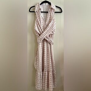 EVERLEIGH BROOKS Cream and Brown Patterned Front Criss Cross Tie Dress Sz M